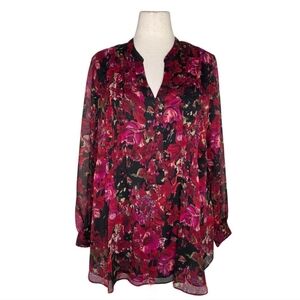 Coldwater Creek Sheer Floral Blouse 1X Plus Size Red Pink Black Long Sleeve Top